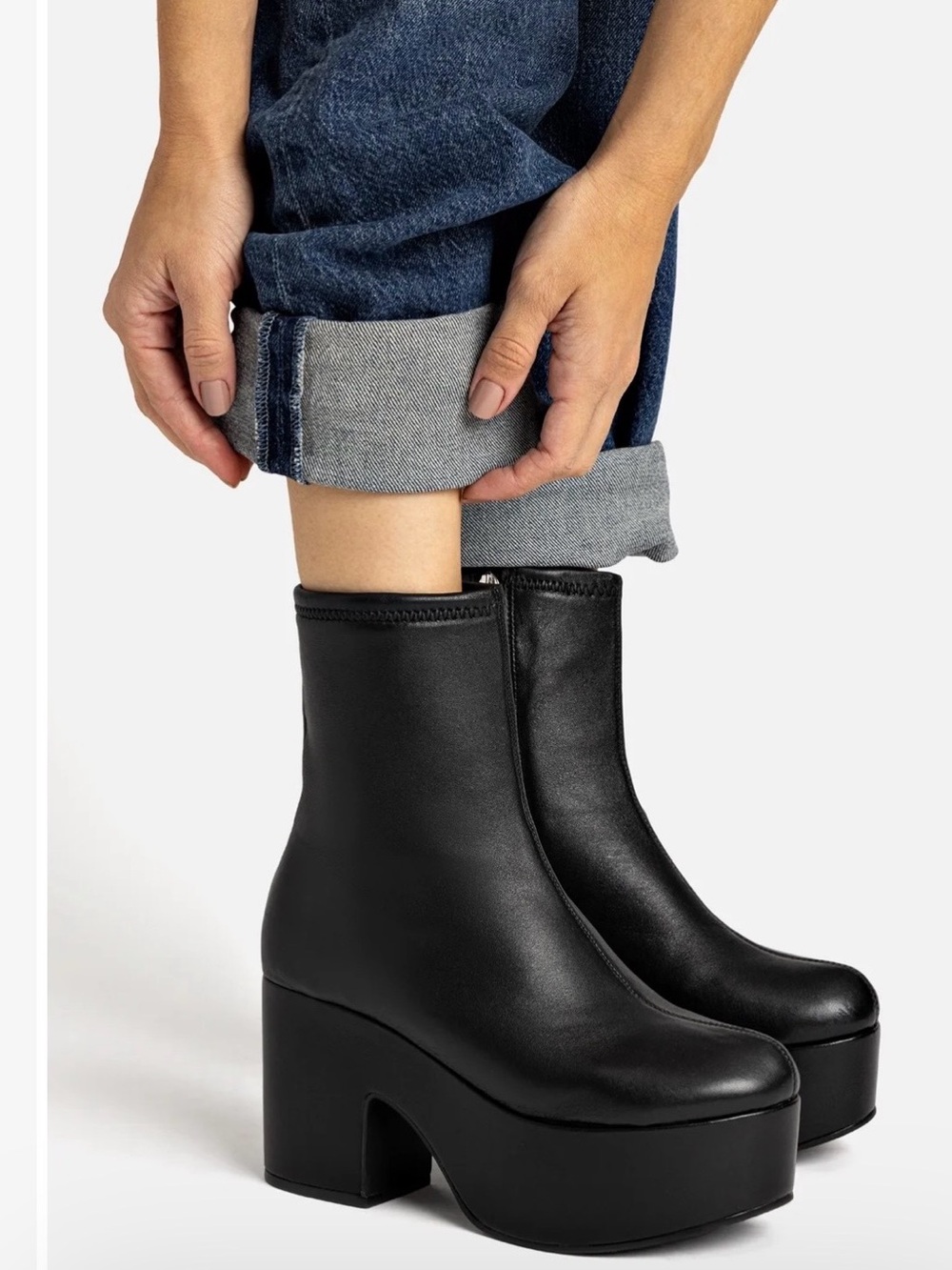 Larroude Miso Platform Black Stretch Leather Boots Size 7